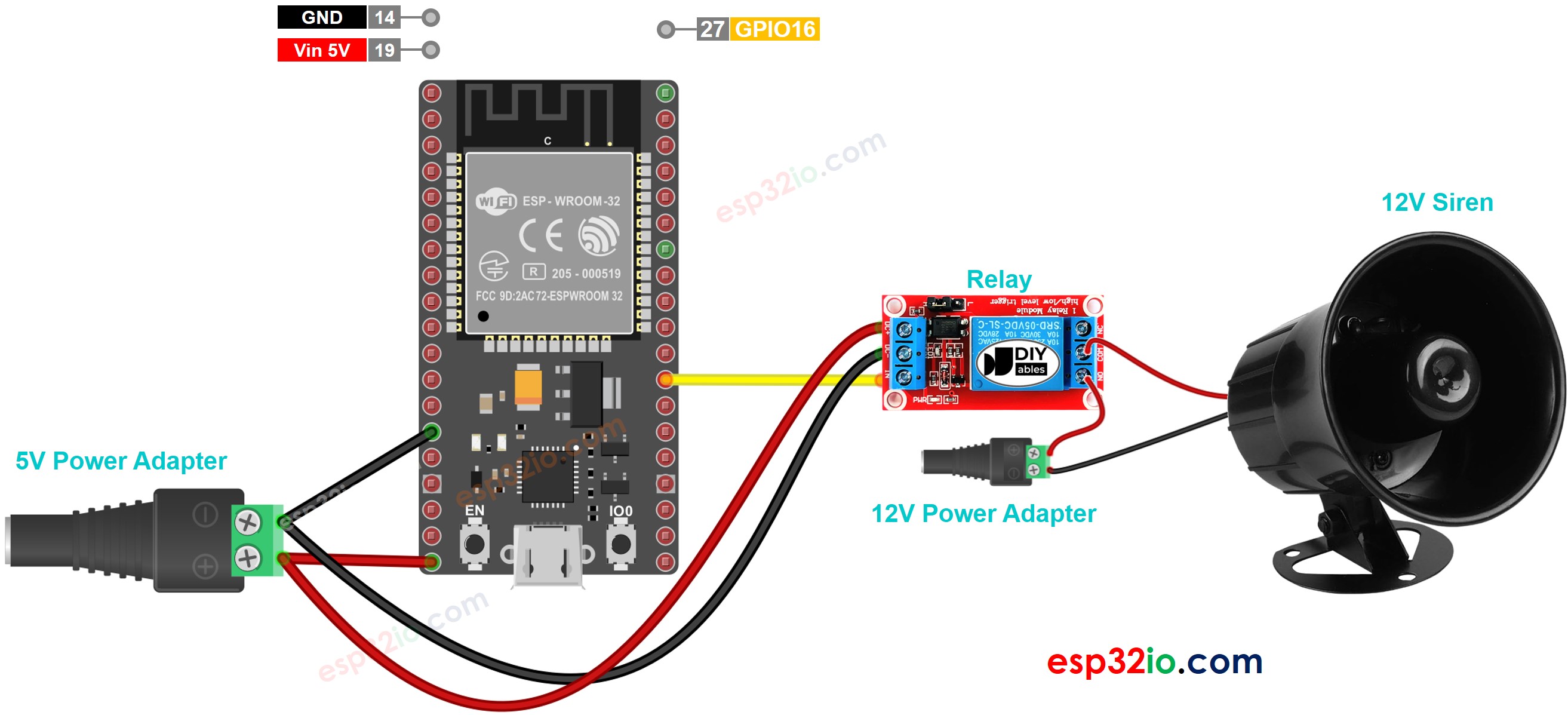 Diagrama de cableado de la sirena de 12 V para ESP32