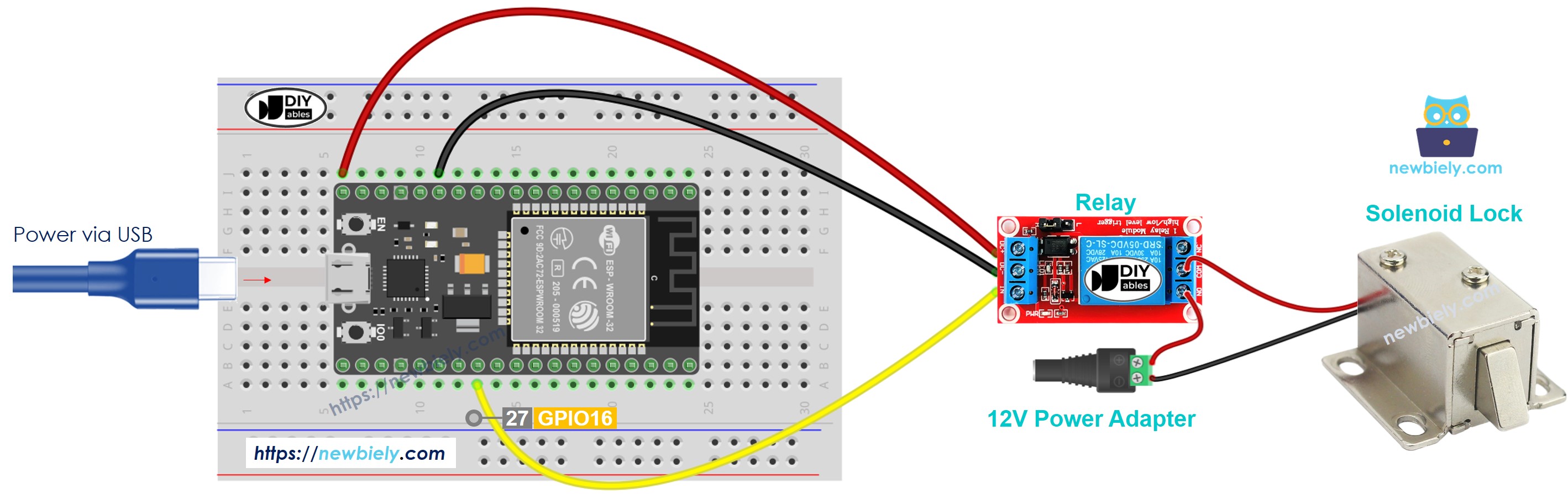 Diagrama de cableado de la cerradura de solenoide ESP32