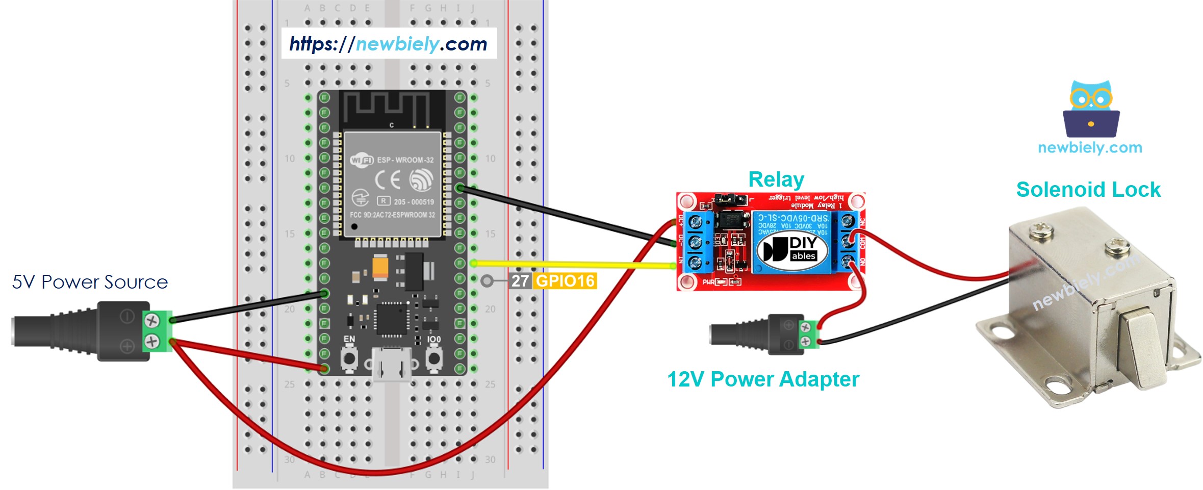 Diagrama de cableado de la cerradura de solenoide ESP32
