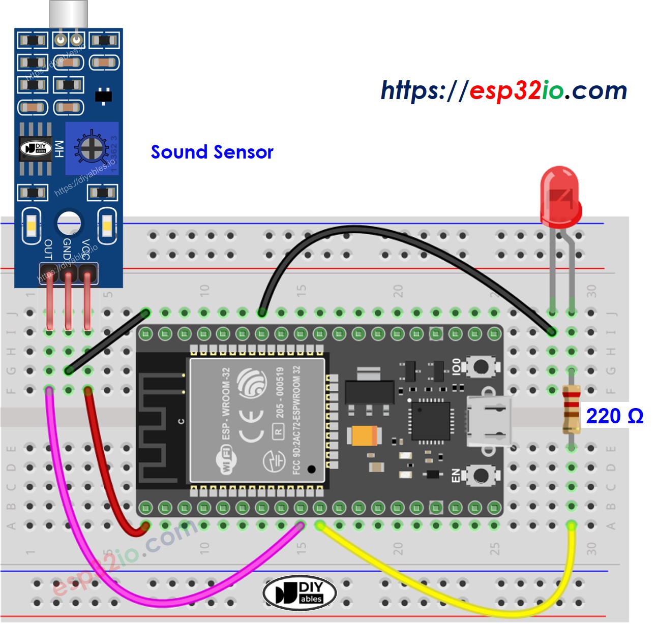Diagrama de cableado del LED del sensor de sonido ESP32