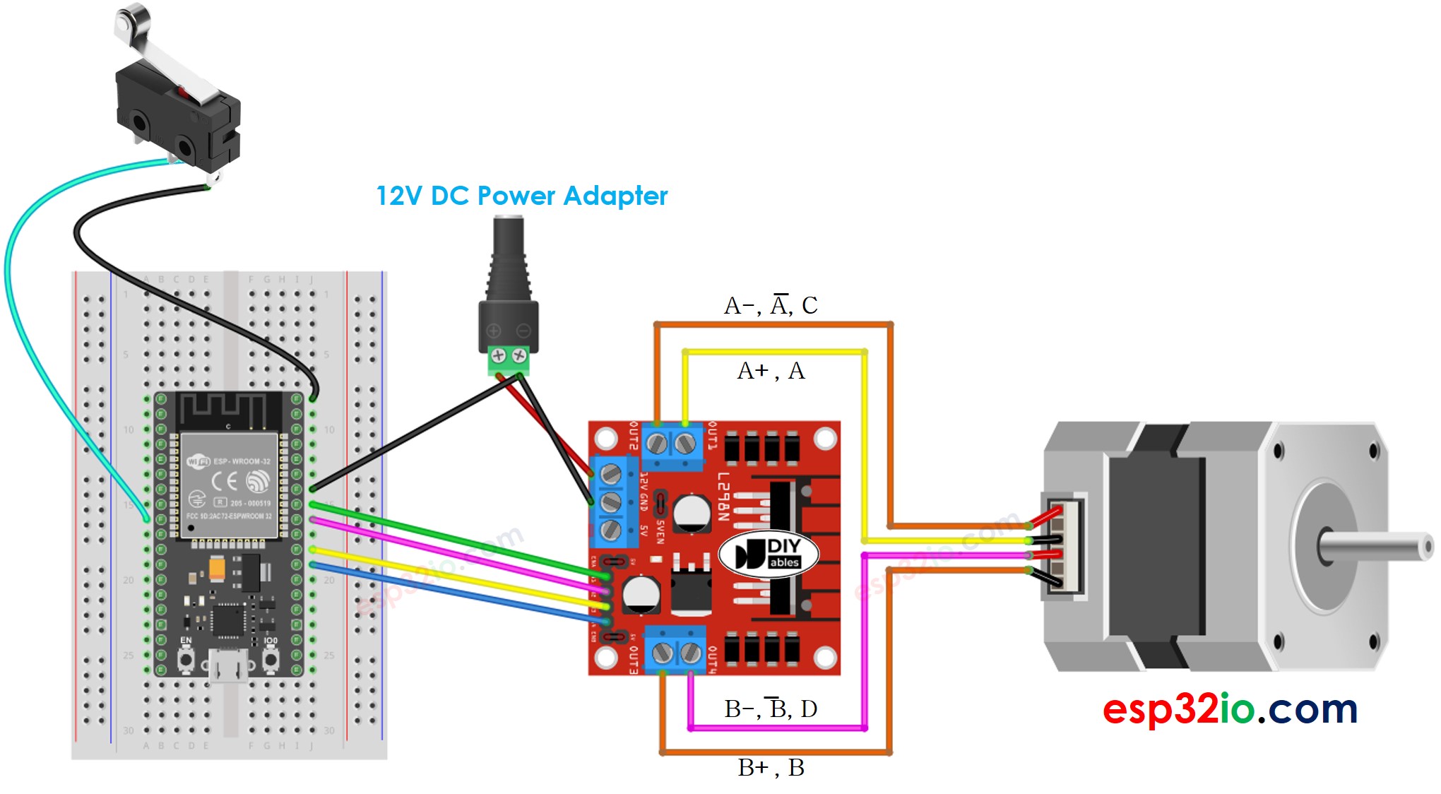 Diagrama de cableado del motor paso a paso y del interruptor de fin de carrera para ESP32