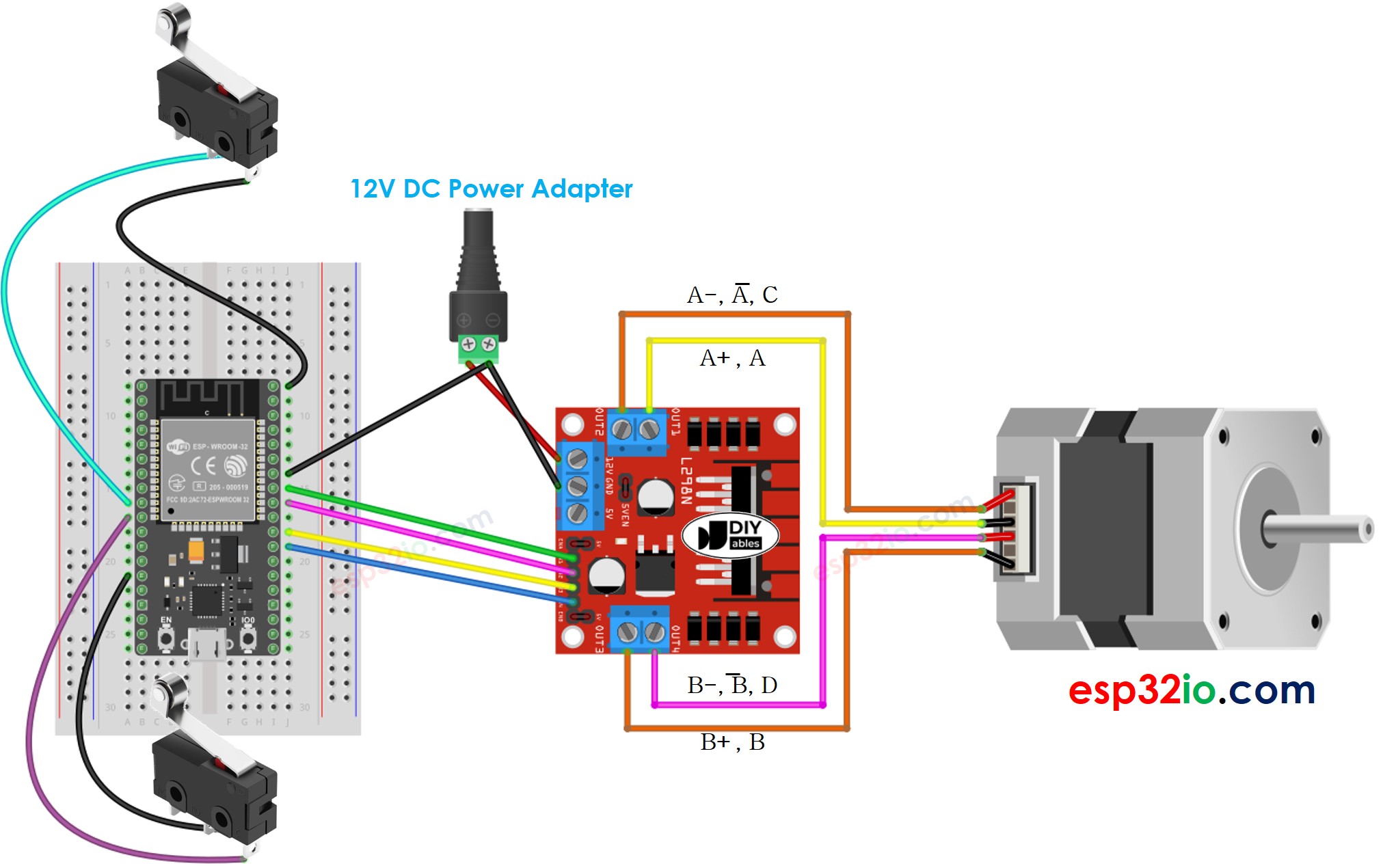 Diagrama de cableado del ESP32: motor paso a paso y dos finales de carrera