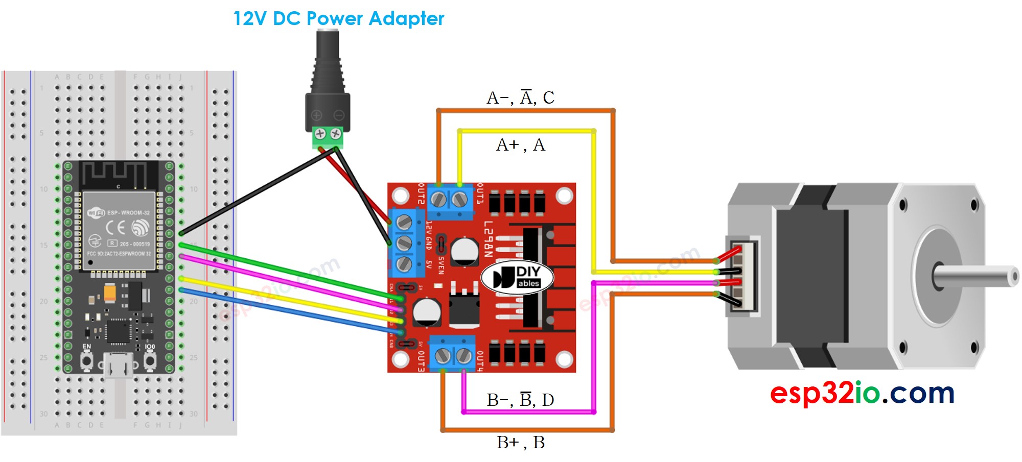 Diagrama de cableado para motor paso a paso con ESP32 y controlador L298N