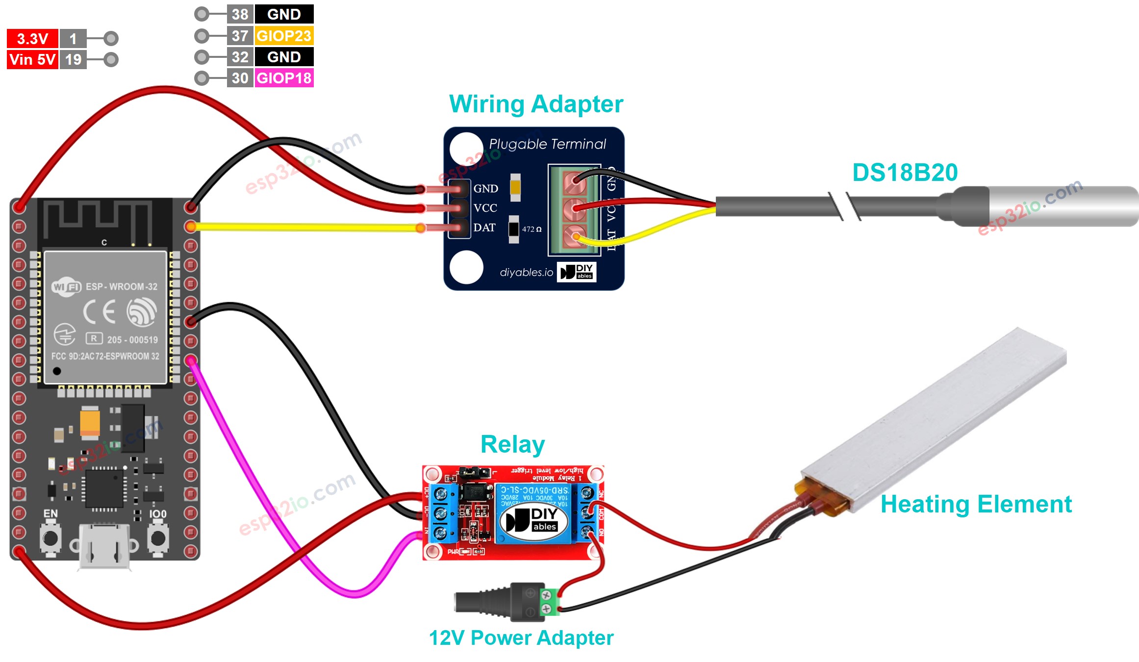 Diagrama de cableado del sistema de calefacción con controles de temperatura para ESP32