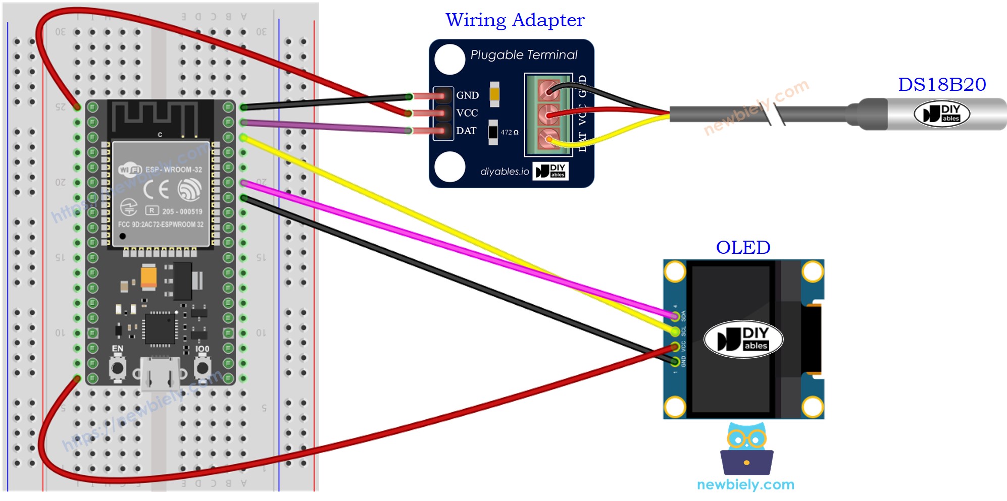 Diagrama de cableado del sensor de temperatura ESP32 con OLED