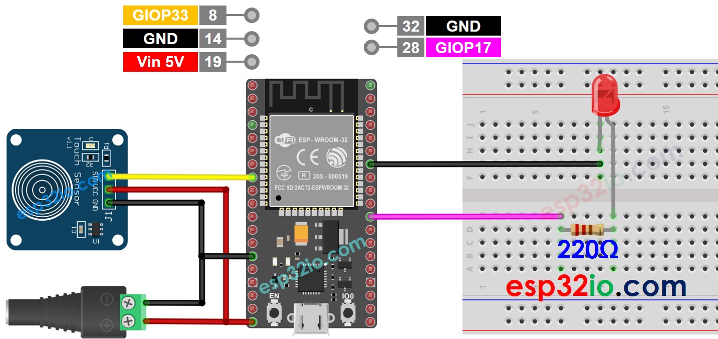 Diagrama de cableado del LED del sensor táctil ESP32: fuente de 5 V
