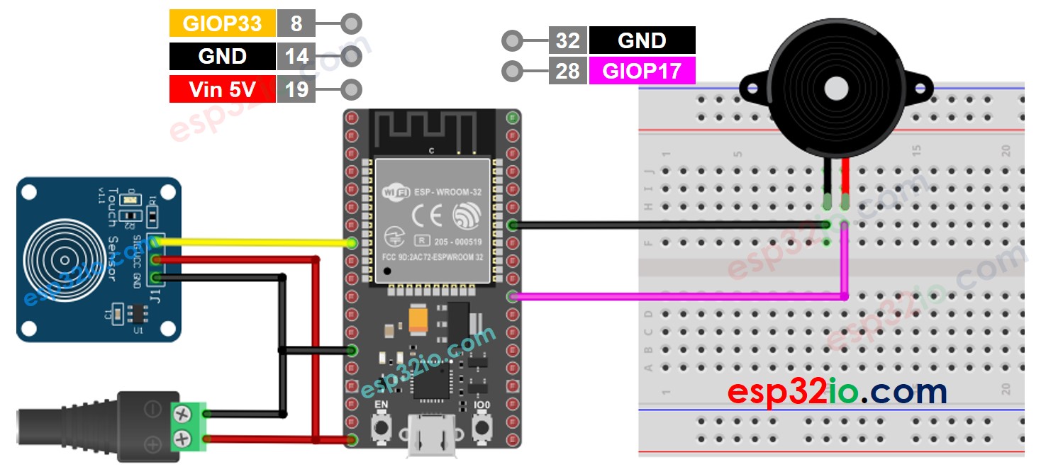 Diagrama de cableado para ESP32 sensor táctil y zumbador piezoeléctrico con fuente de 5 V