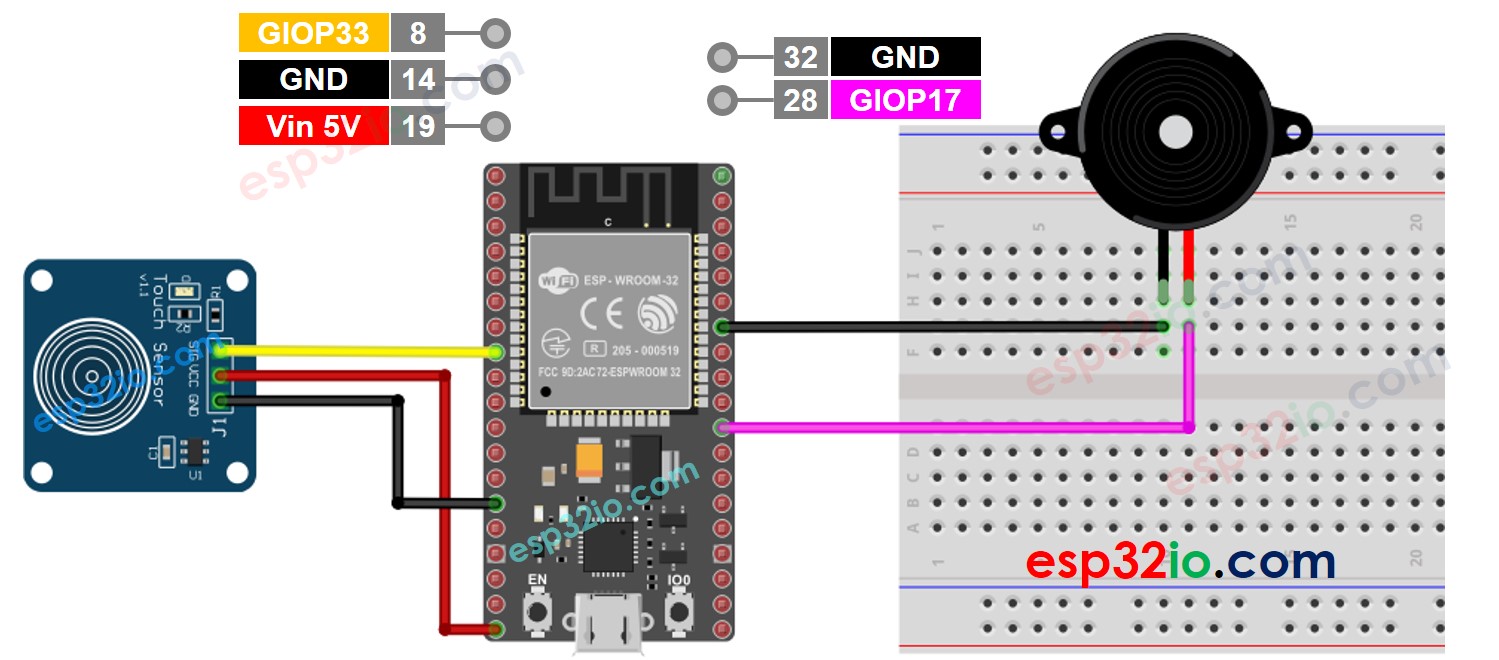 Diagrama de cableado del sensor táctil ESP32 y del zumbador piezoeléctrico
