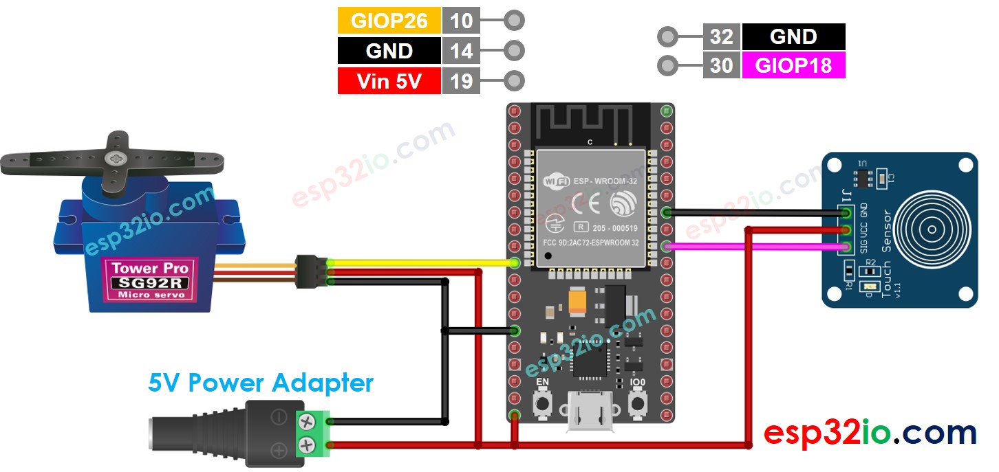 Diagrama de cableado del sensor táctil ESP32 y del servomotor