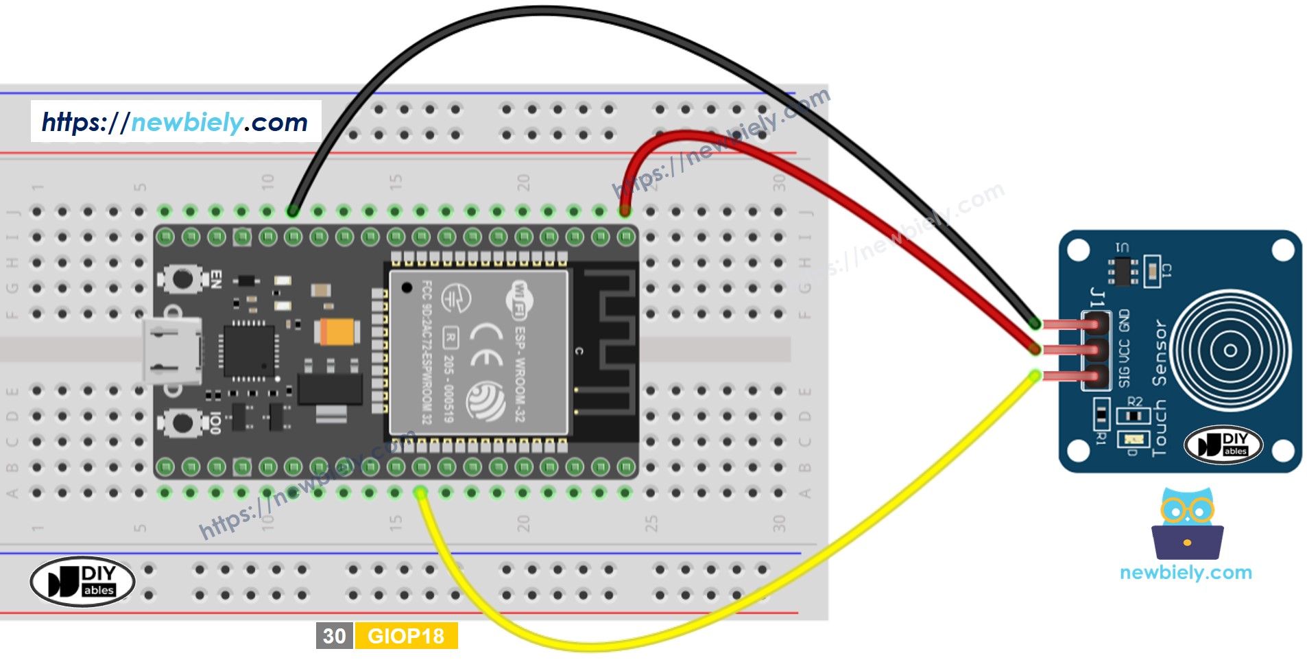 Diagrama de cableado del sensor táctil ESP32