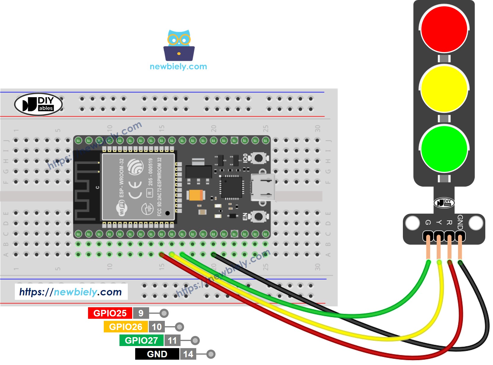 Diagrama de cableado de semáforo ESP32
