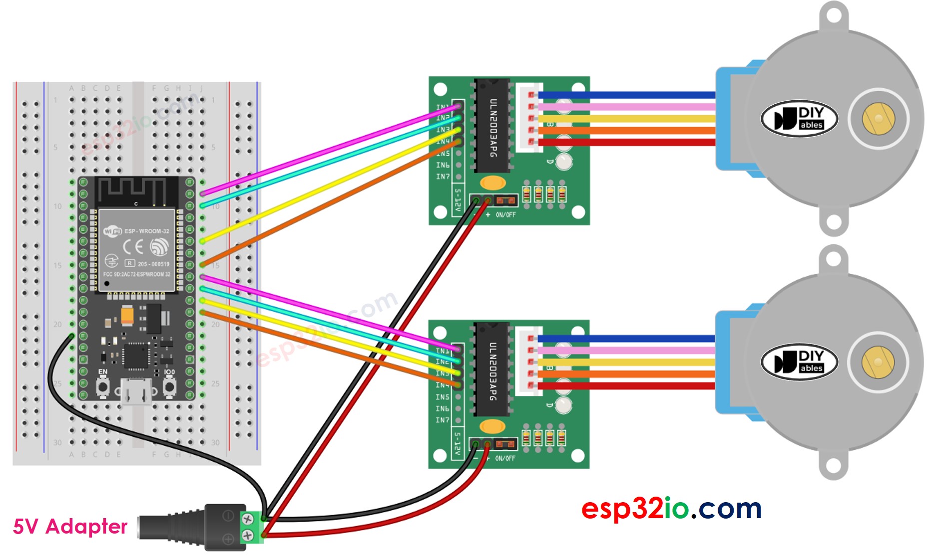 Diagrama de cableado del ESP32 para dos motores paso a paso con el controlador ULN2003