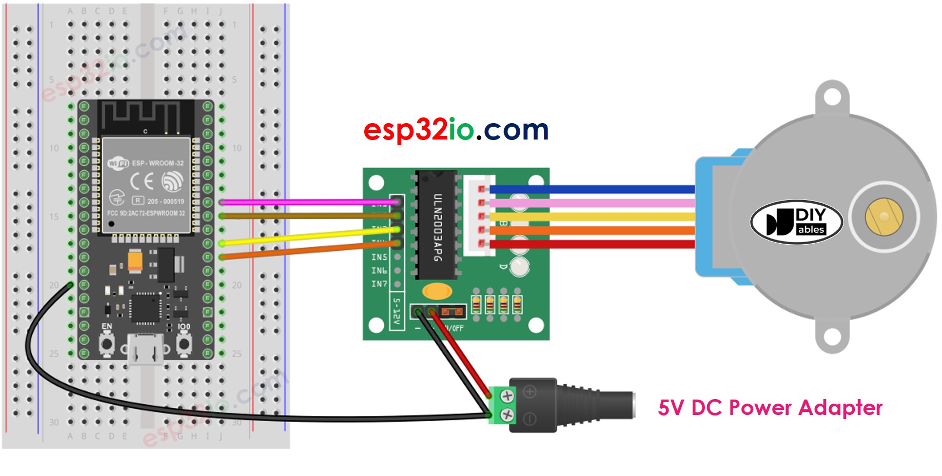 Diagrama de cableado para ESP32, motor paso a paso y controlador ULN2003