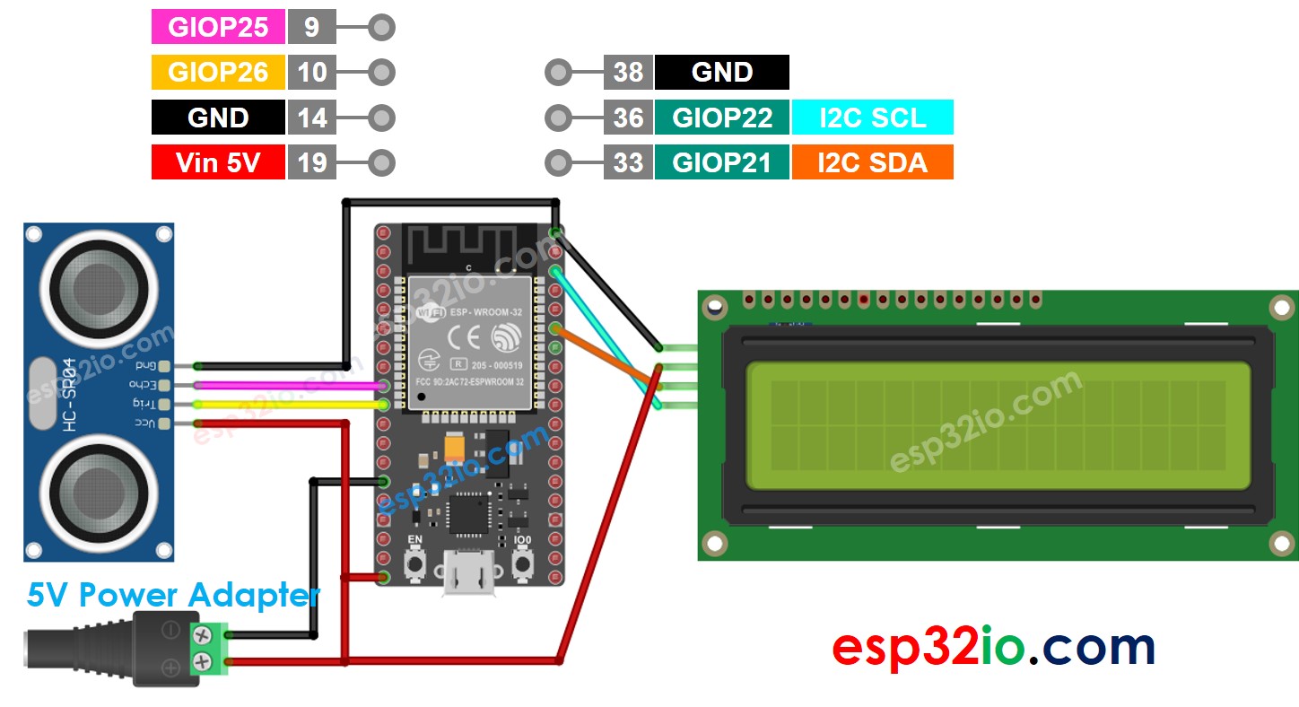 Diagrama de cableado para LCD ultrasónico en ESP32