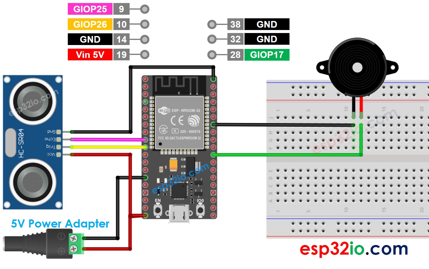 ESP32 sensor ultrasónico zumbador piezoeléctrico diagrama de cableado adaptador de alimentación de 5 V
