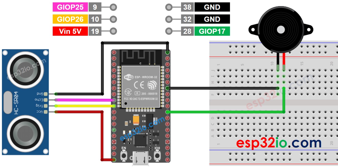 Diagrama de cableado del ESP32: sensor ultrasónico y zumbador piezoeléctrico