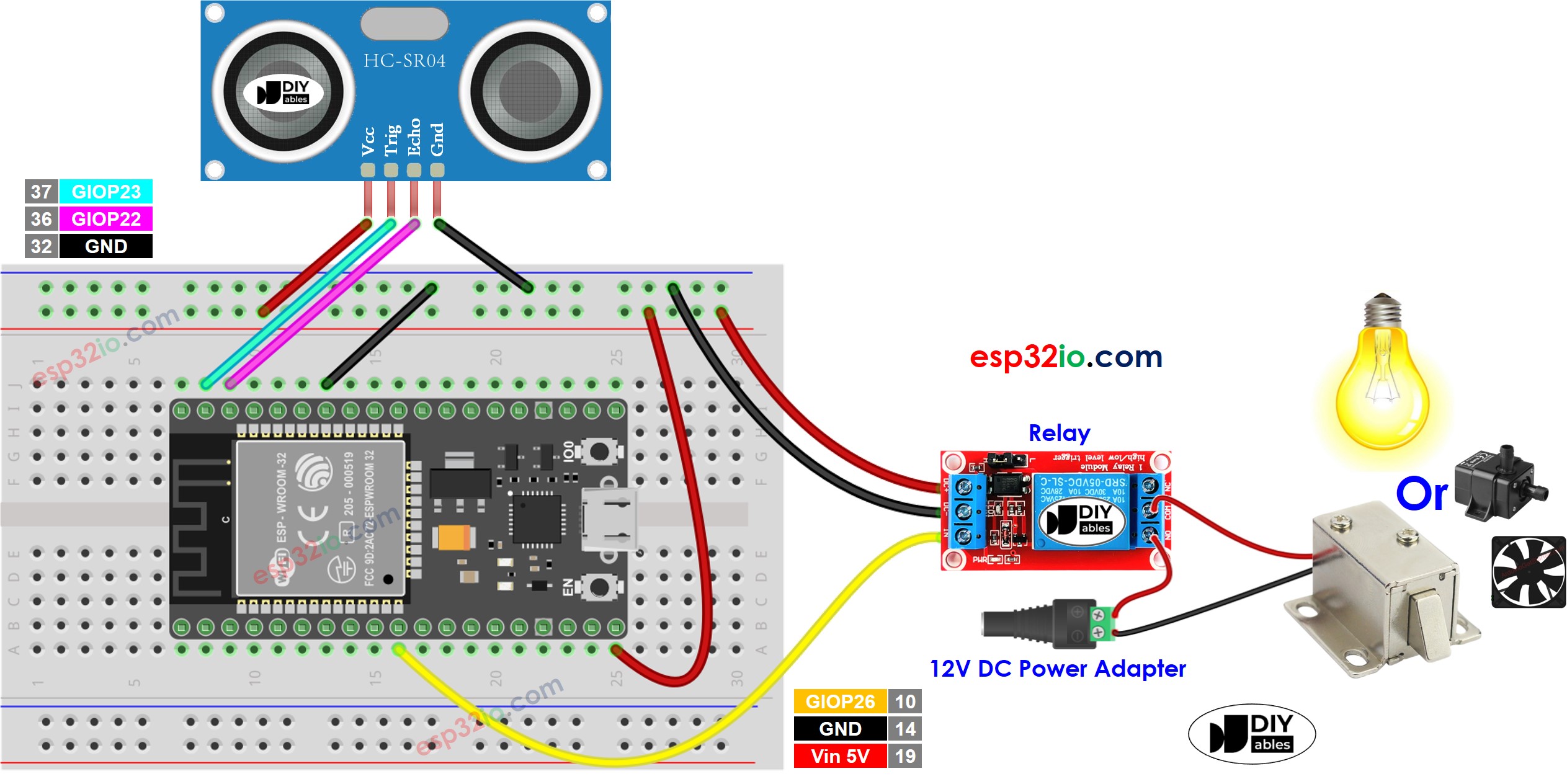 Diagrama de cableado del relé para sensor ultrasónico ESP32