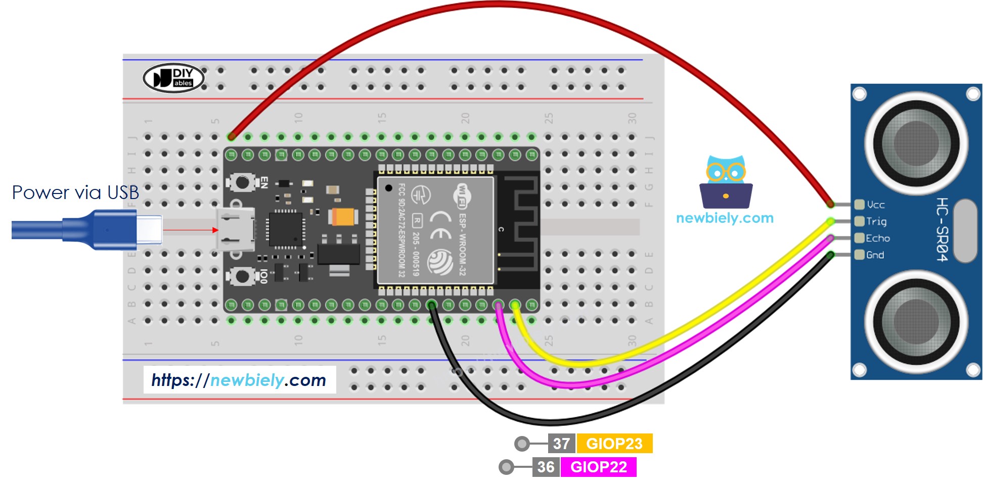 Diagrama de cableado del sensor ultrasónico ESP32