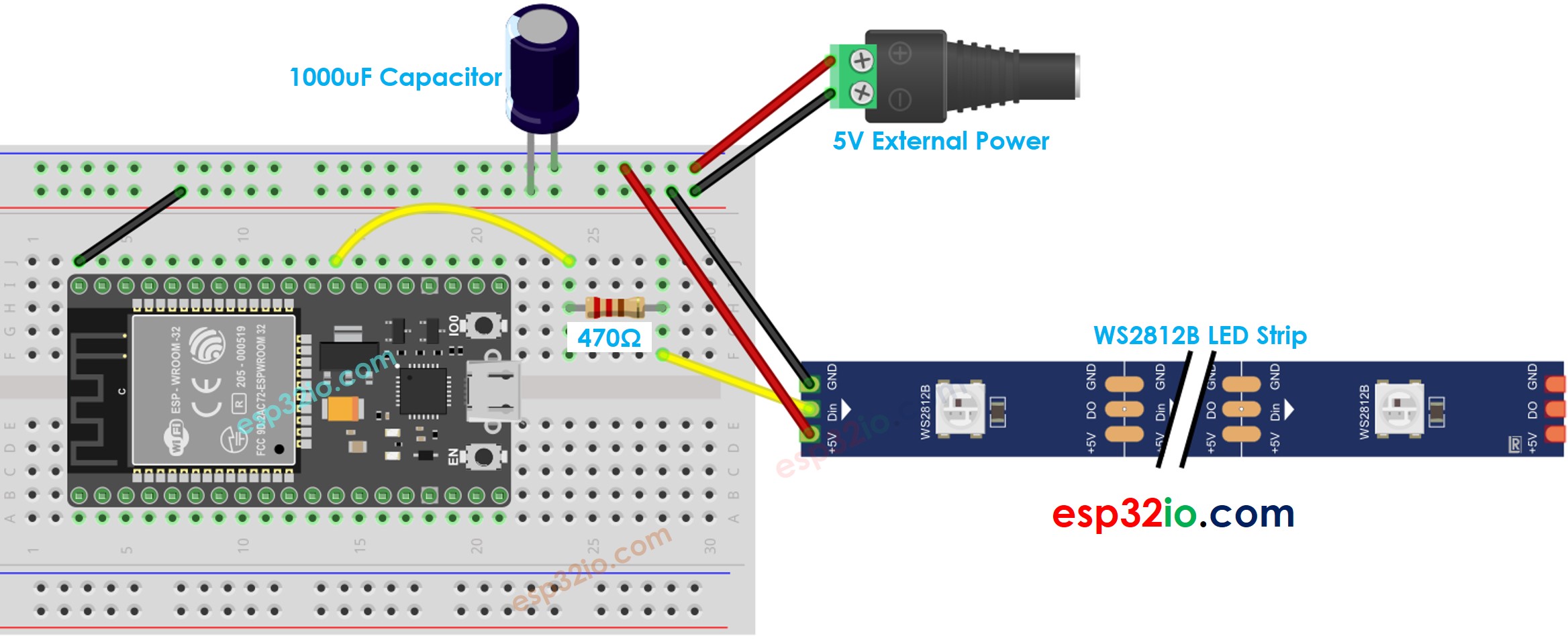Diagrama de cableado de la tira de LEDs RGB WS2812B para ESP32