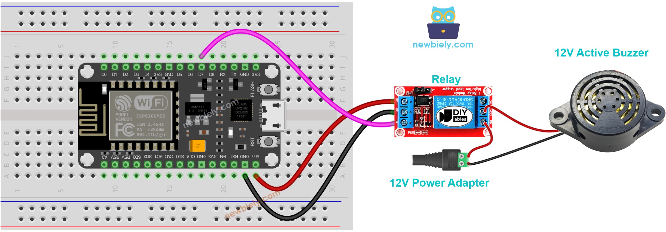 Diagrama de cableado del zumbador activo de 12 V para ESP8266 NodeMCU