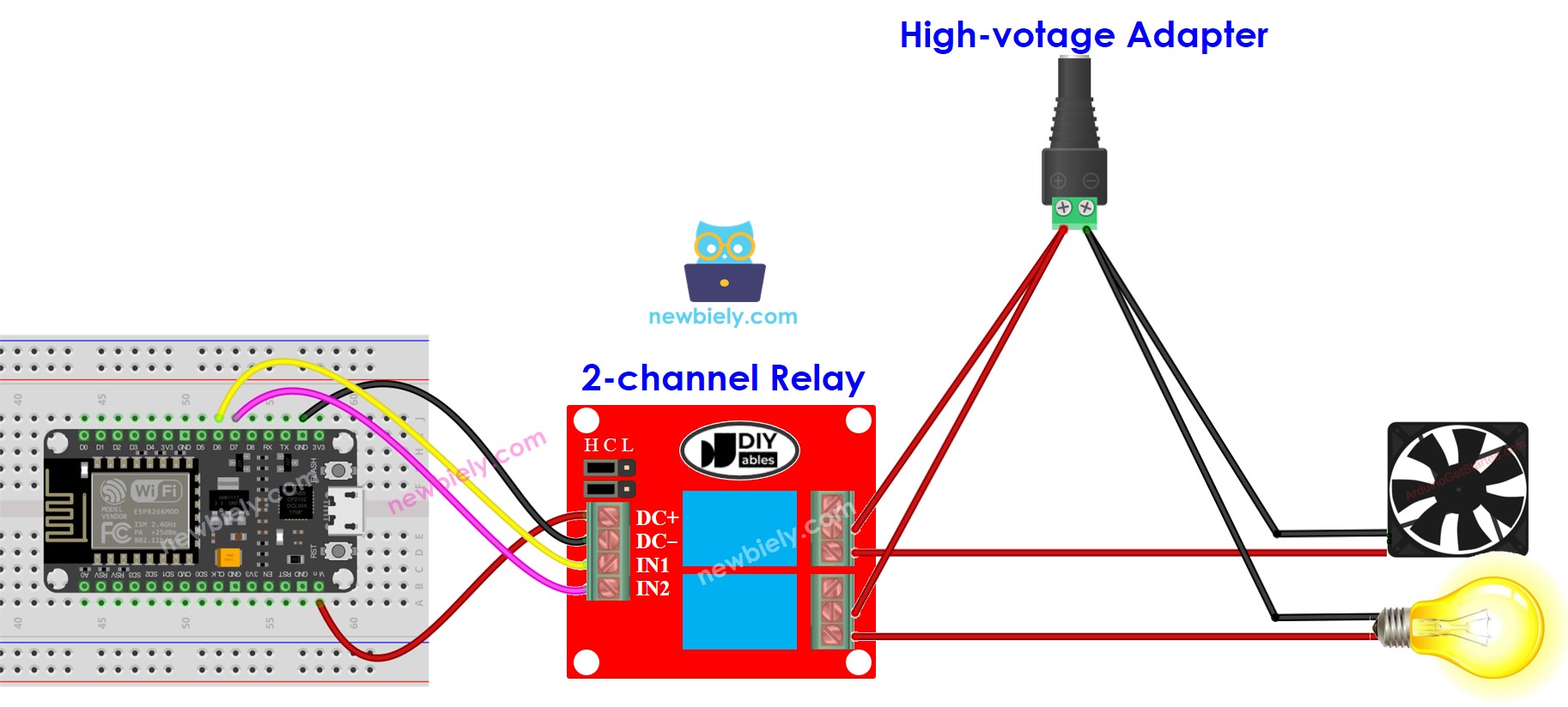 Diagrama de cableado del módulo de relé de 2 canales ESP8266 NodeMCU