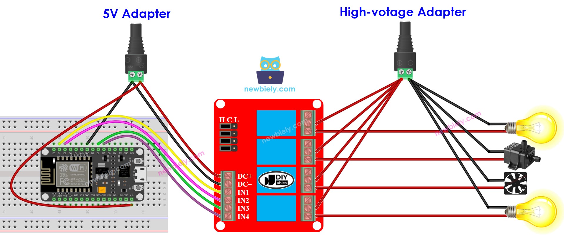Diagrama de cableado del módulo de relé ESP8266 NodeMCU de 4 canales con dos fuentes de alimentación
