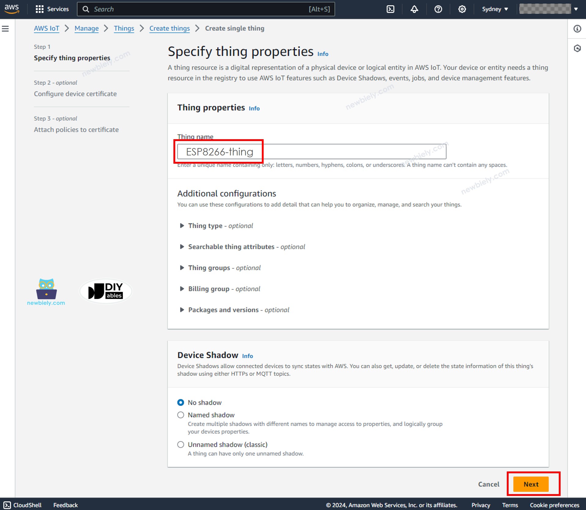Nombre del dispositivo de AWS IoT Core