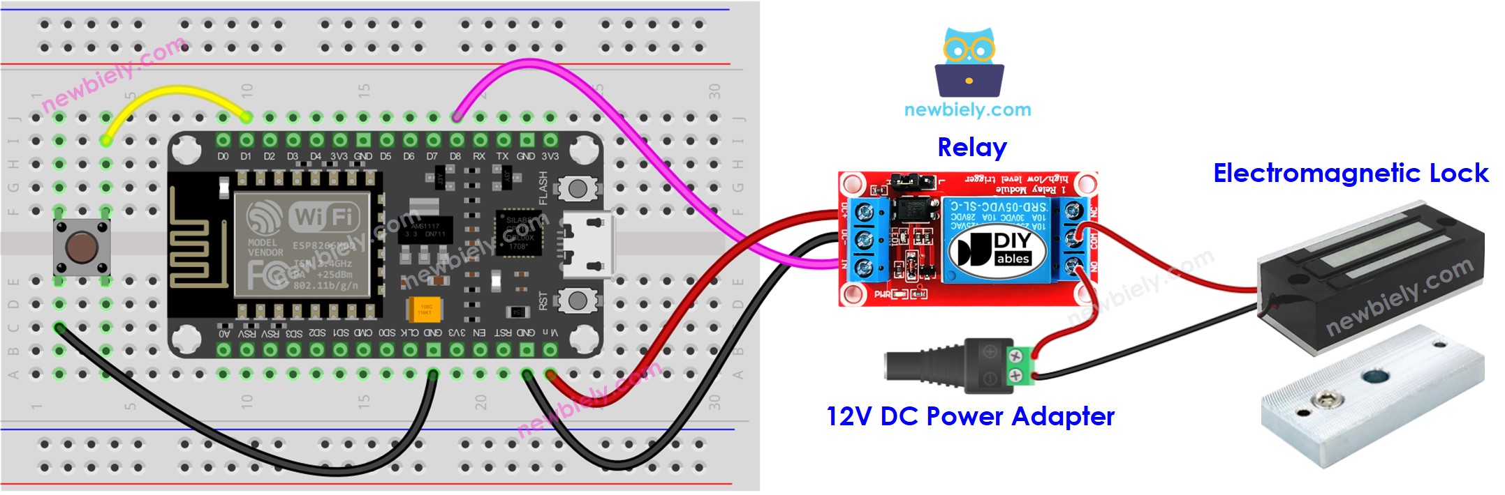 Diagrama de cableado de la cerradura electromagnética con botón ESP8266 NodeMCU