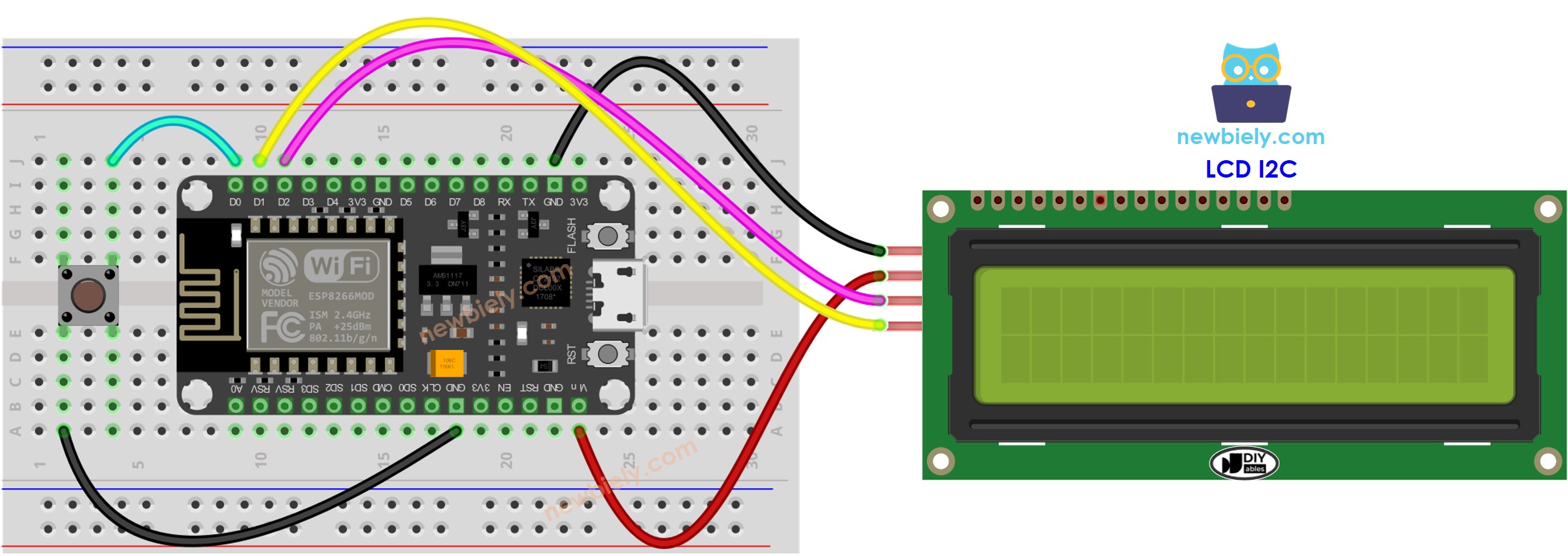 Diagrama de cableado del ESP8266 NodeMCU con botón y LCD I2C