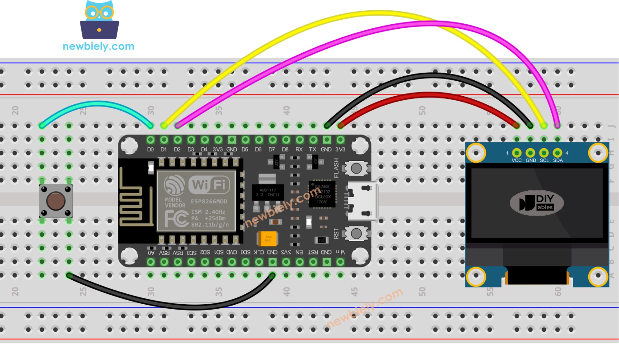 Diagrama de cableado del ESP8266 NodeMCU para el botón OLED