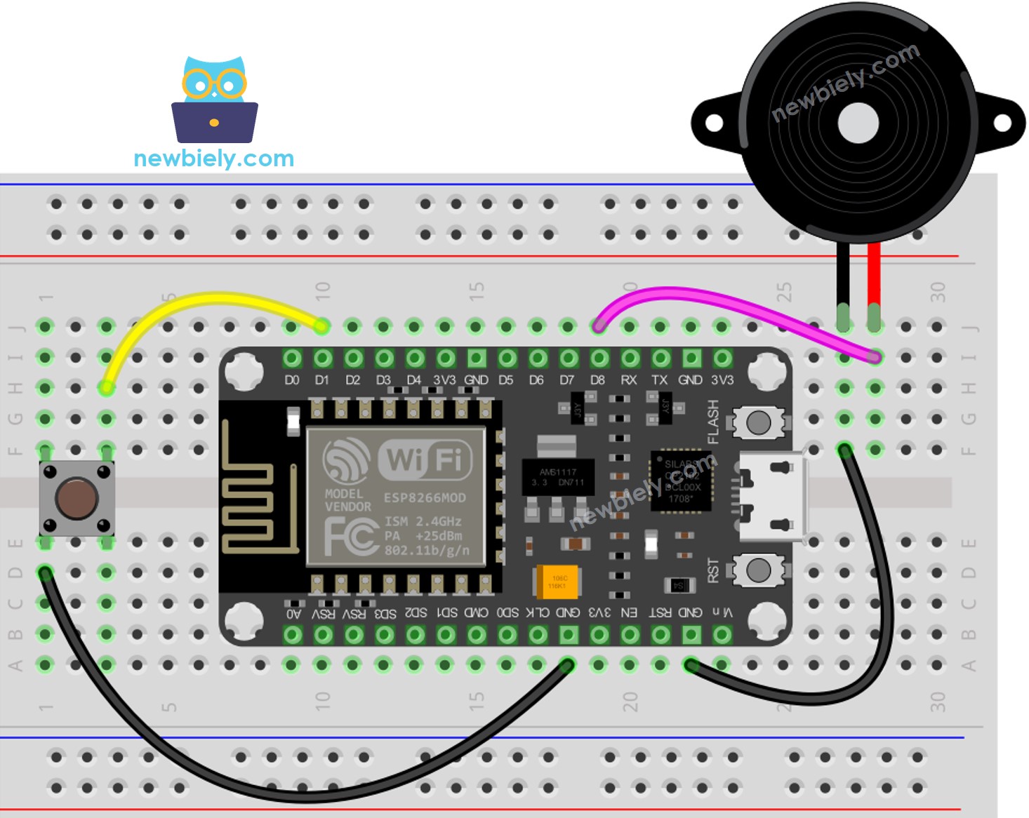 Diagrama de cableado del ESP8266 NodeMCU para botón y zumbador piezoeléctrico
