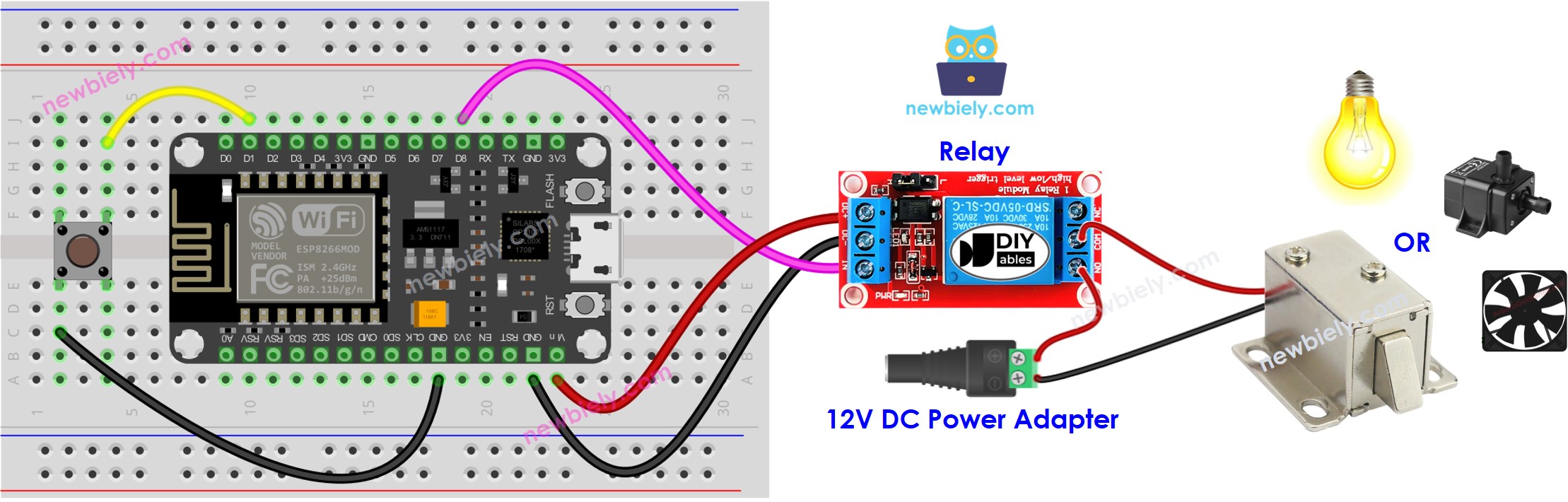 Diagrama de cableado del relé con botón ESP8266 NodeMCU