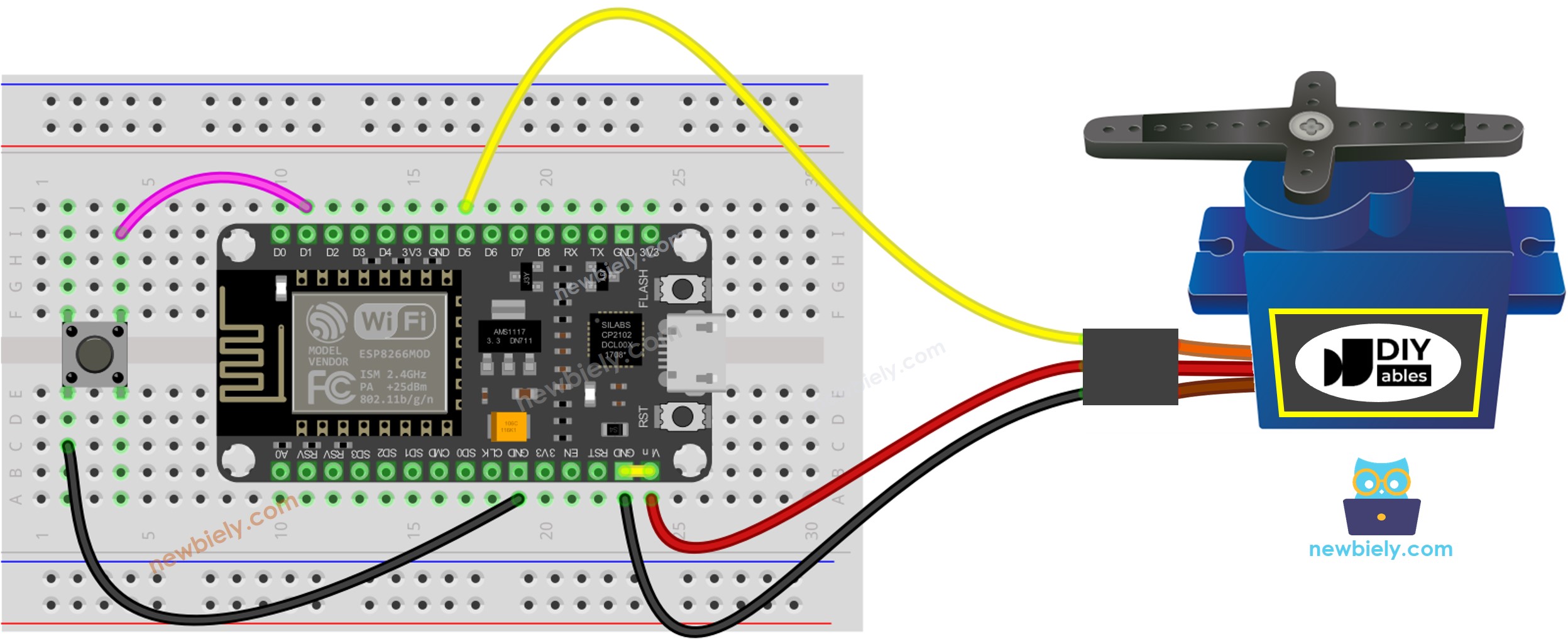 Diagrama de cableado del ESP8266 NodeMCU con botón y servomotor