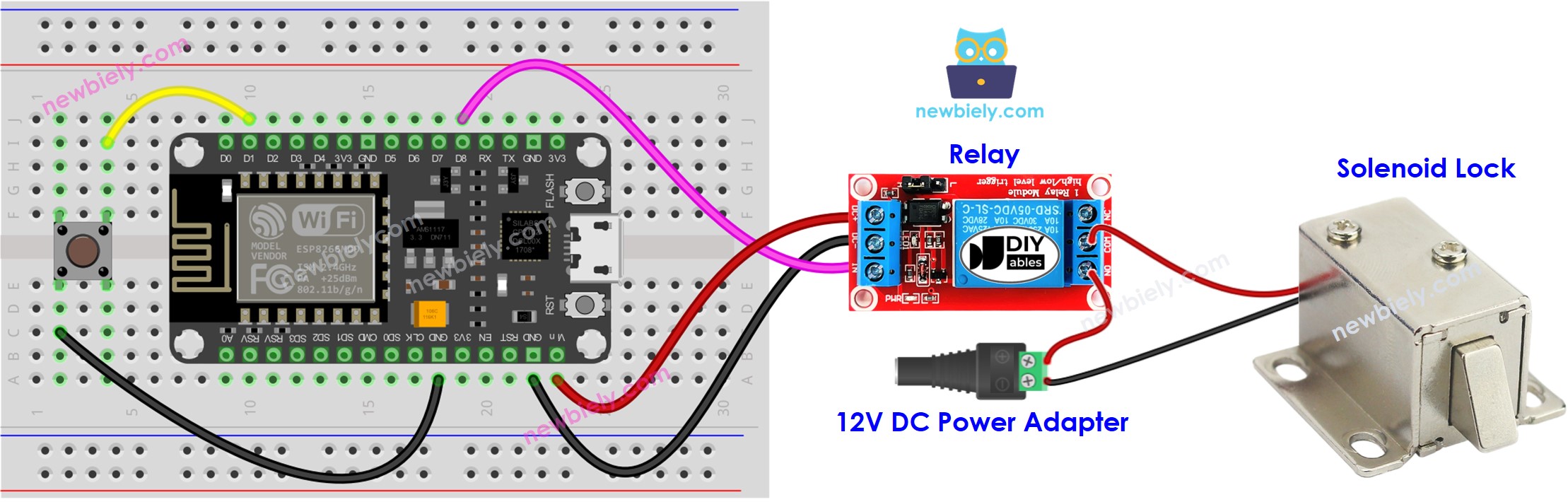 Diagrama de cableado de la cerradura de solenoide ESP8266 NodeMCU