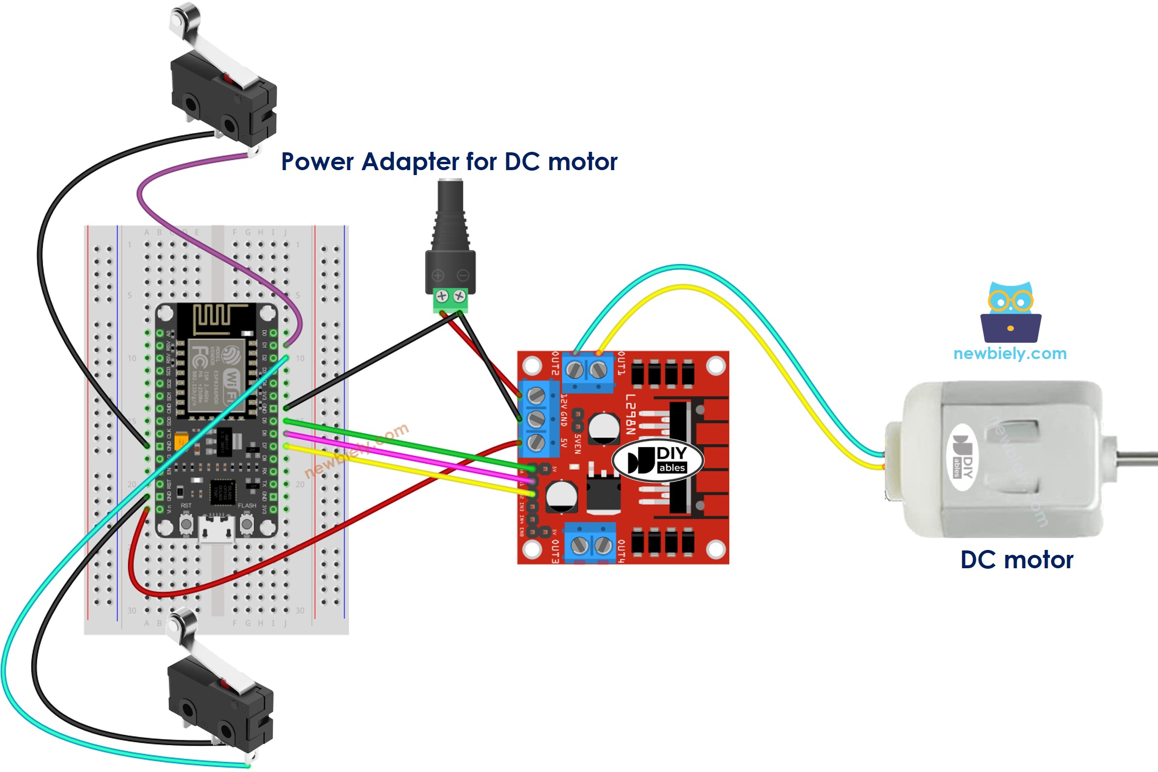Diagrama de cableado para ESP8266 NodeMCU, motor de corriente continua y dos interruptores de fin de carrera