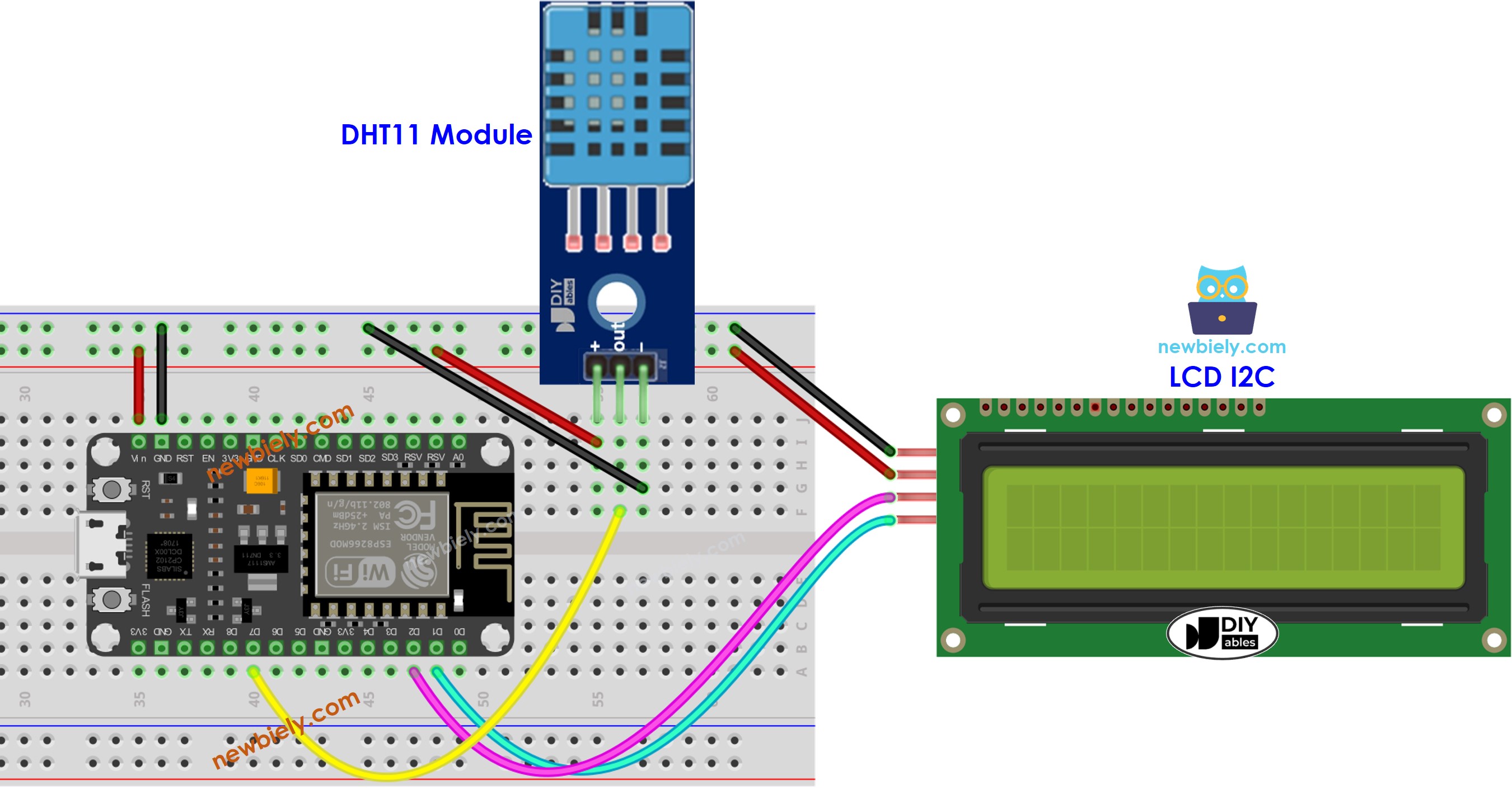 Diagrama de cableado LCD de temperatura y humedad para ESP8266 NodeMCU y DHT11