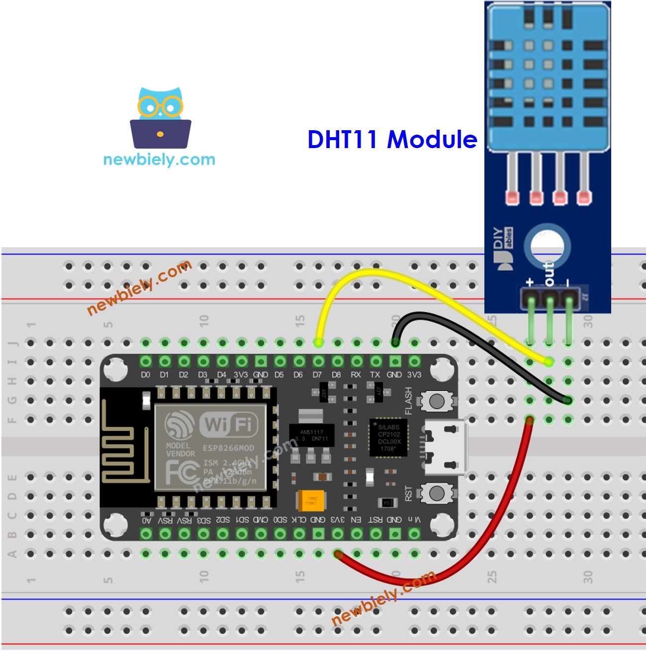 Esquema de cableado del módulo DHT11 de temperatura y humedad para ESP8266 NodeMCU