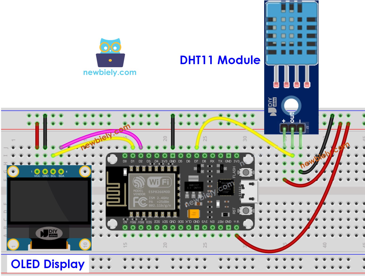 Diagrama de cableado del ESP8266 NodeMCU, sensor DHT11 y OLED
