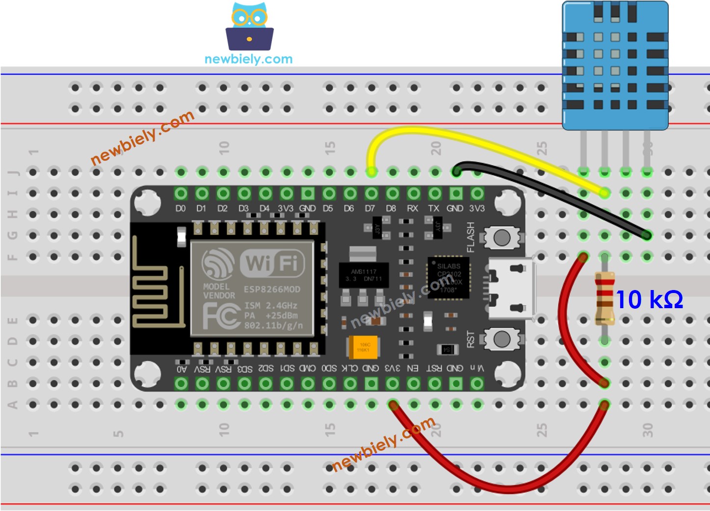 Diagrama de cableado del sensor de temperatura y humedad DHT11 para ESP8266 NodeMCU