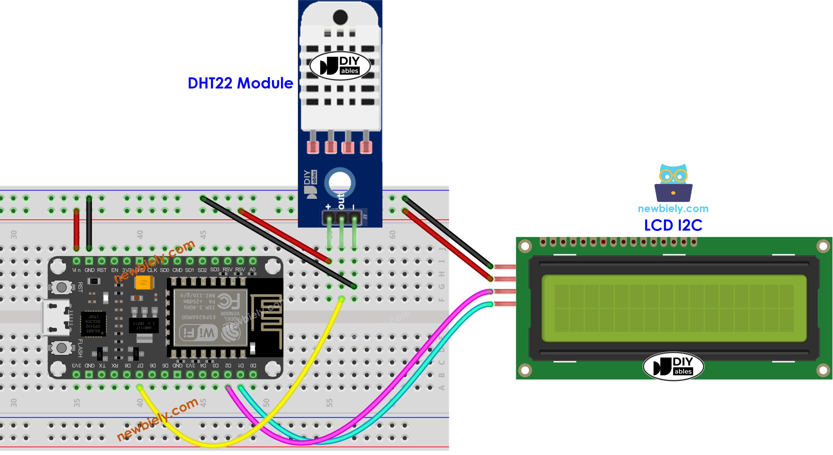 Diagrama de cableado LCD para temperatura y humedad con ESP8266 NodeMCU y DHT22