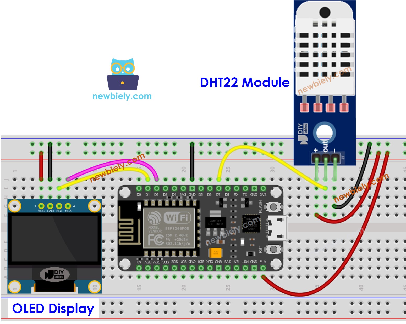 Diagrama de cableado del ESP8266 NodeMCU, sensor DHT22 y OLED