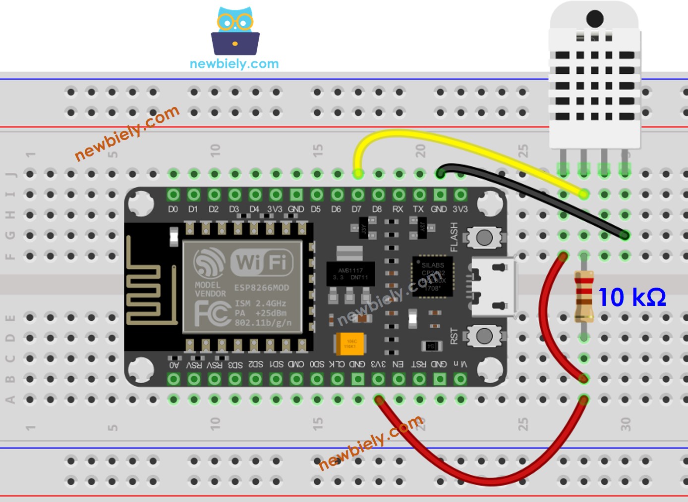 Diagrama de cableado del sensor de temperatura y humedad DHT22 para ESP8266 NodeMCU