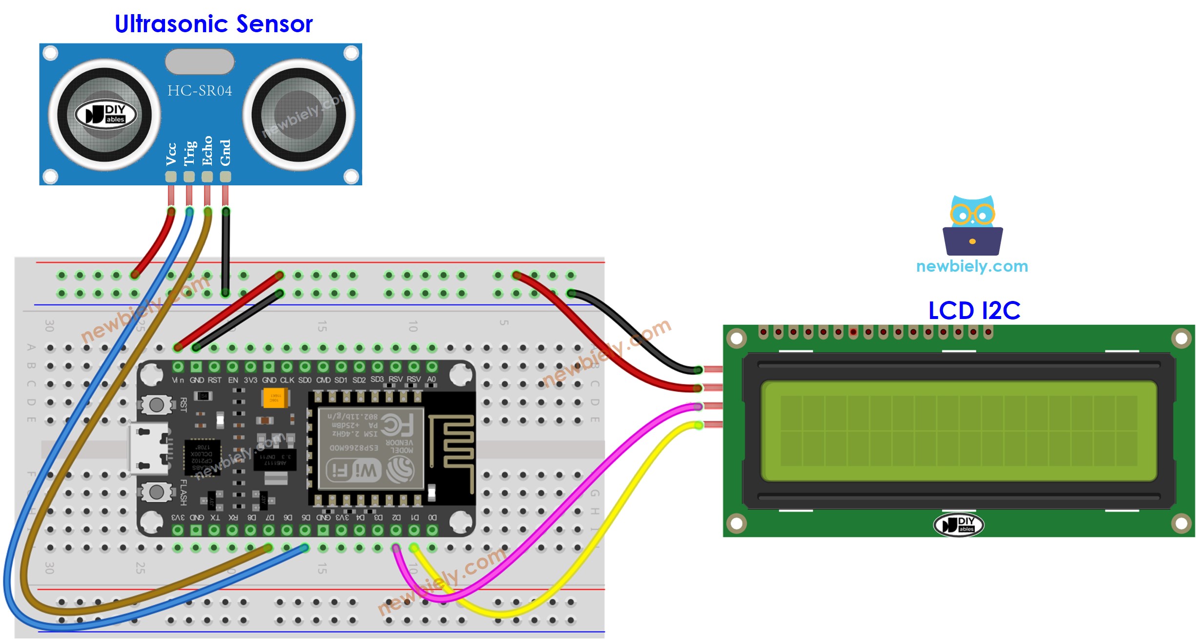 Diagrama de cableado LCD para sensor de distancia ESP8266 NodeMCU