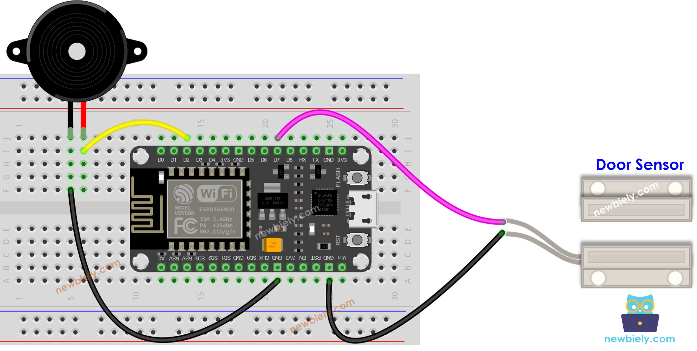 Diagrama de cableado del sensor de puerta ESP8266 NodeMCU y del zumbador piezoeléctrico
