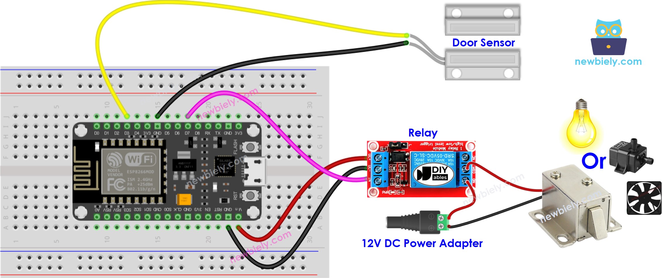 Diagrama de cableado del relé para el sensor de puerta ESP8266 NodeMCU