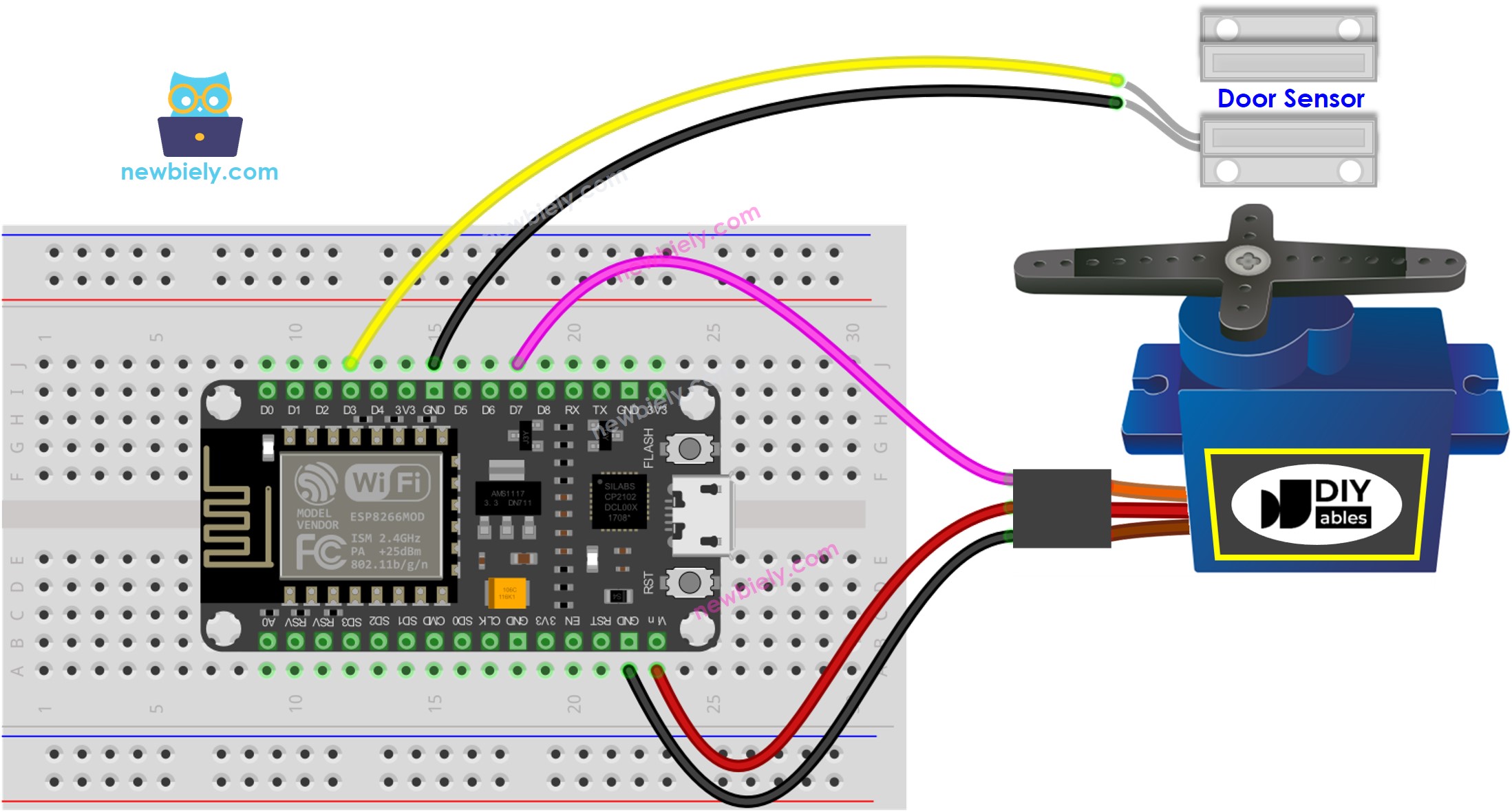 Diagrama de cableado del sensor de puerta ESP8266 NodeMCU y del servomotor