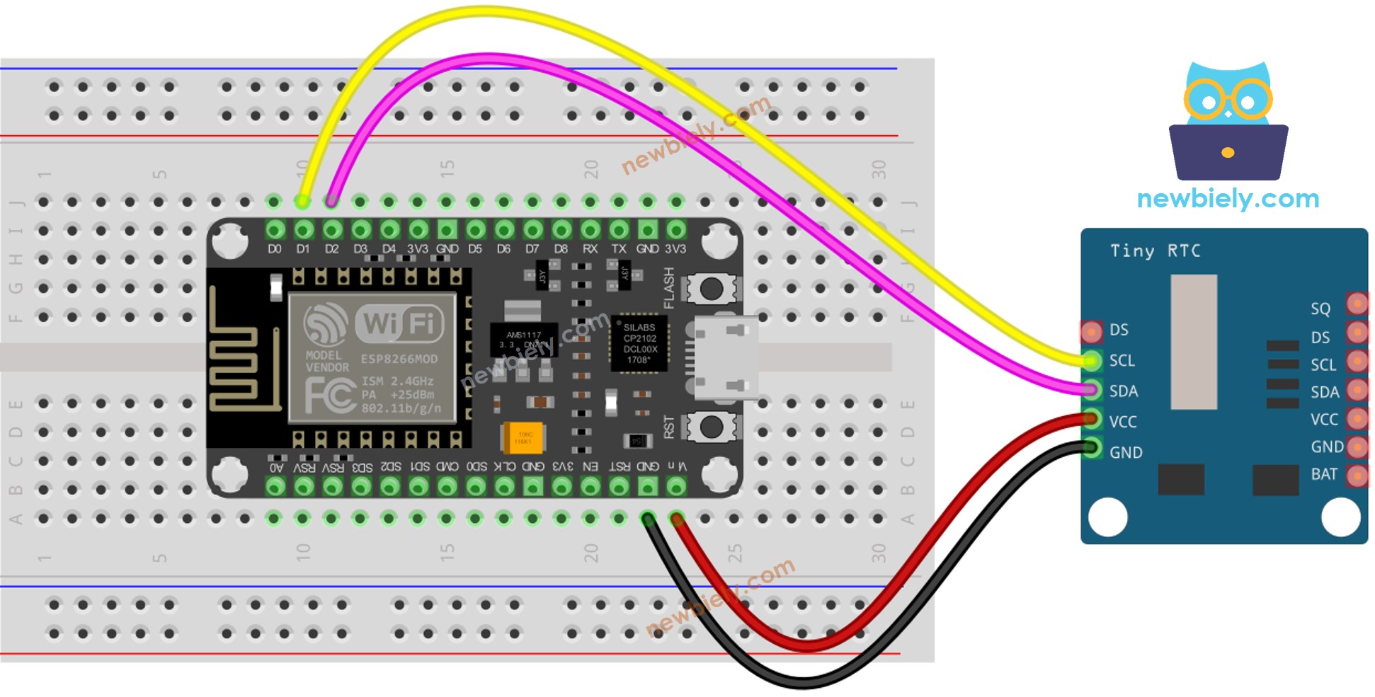 Diagrama de cableado de ESP8266 NodeMCU para reloj en tiempo real DS1307