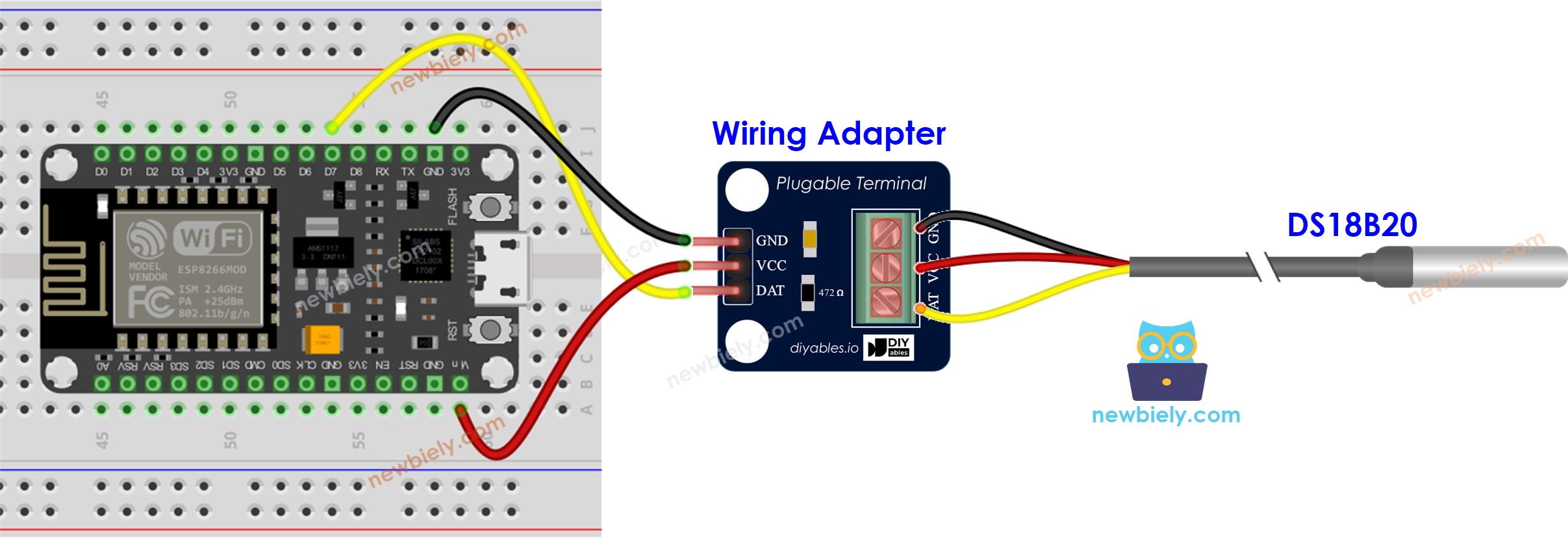 Esquema de cableado del sensor de temperatura DS18B20 para servidor web ESP8266 NodeMCU