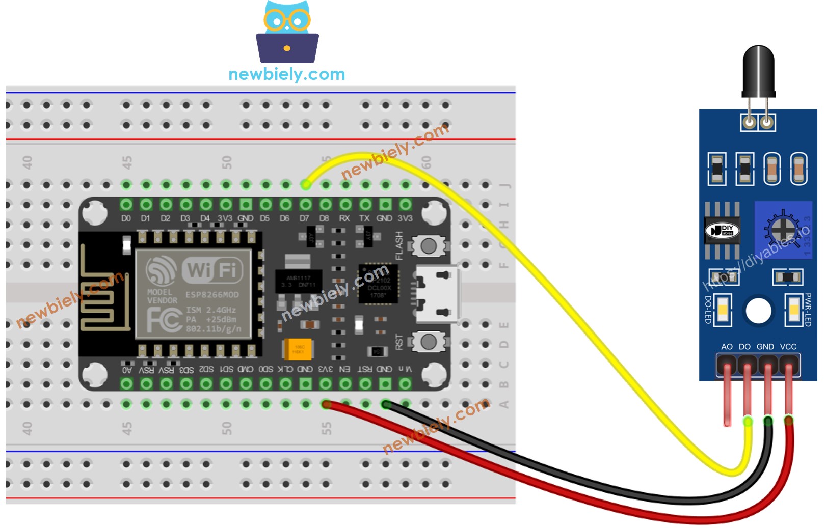 Diagrama de cableado del sensor de llama ESP8266 NodeMCU