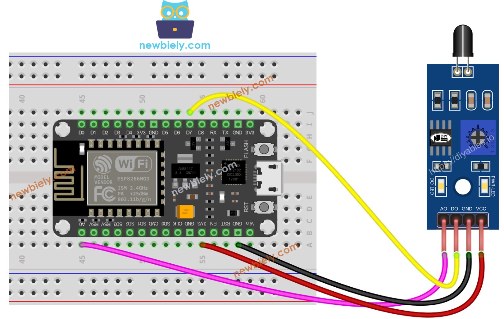 Diagrama de cableado del sensor de llama infrarrojo ESP8266 NodeMCU